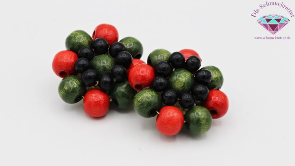 Runde Ohrclips mit rot, grünen & schwarzen Holzperlen