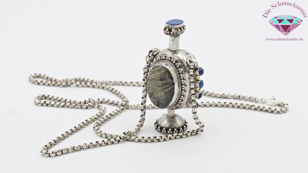 Außergewöhnliches 925 Silber Collier, Parfumflakon mit Lapislazuli + Rutilquarz