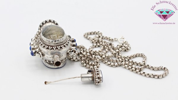 Außergewöhnliches 925 Silber Collier, Parfumflakon mit Lapislazuli + Rutilquarz