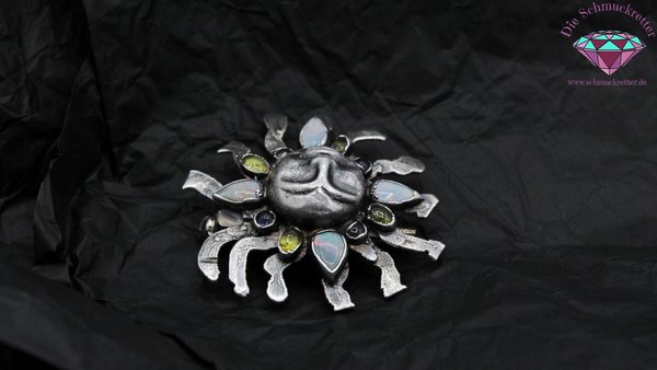 Handgearbeitete 925 Silber Sonnenbrosche mit Opal, Peridot & Amethyst