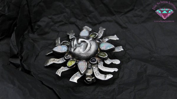 Handgearbeitete 925 Silber Sonnenbrosche mit Opal, Peridot & Amethyst
