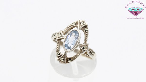 925 Silber Vintage Ring mit blauem Spinell & Markasiten, Gr. 54