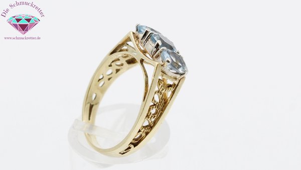 585 Gold Ring mit drei echten Aquamarinen, Größe 57