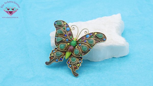 Chinesische 925 Silber Schmetterlingsbrosche mit Nephrit-Jade