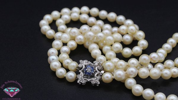 Doppelreihiges Akoya Perlencollier mit 750 Weißgold Verschluss, Saphir & Diamant