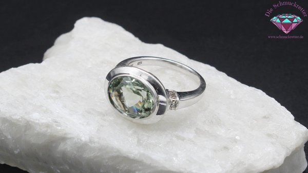 925 Silber Ring mit Prasiolith & Diamant, Gr. 54