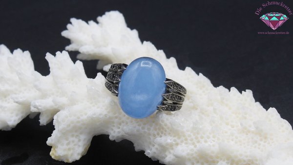 Geschwärzter 925 Silber Ring mit blauer Jade & schwarzem Turmalin von Caï, Gr. 55