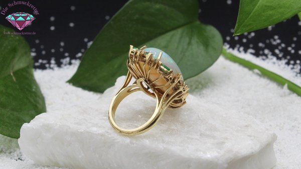 Spektakulärer 585 Gold Ring 'Waldnymphe' mit Opal, Diamant & Smaragd, Gr. 55