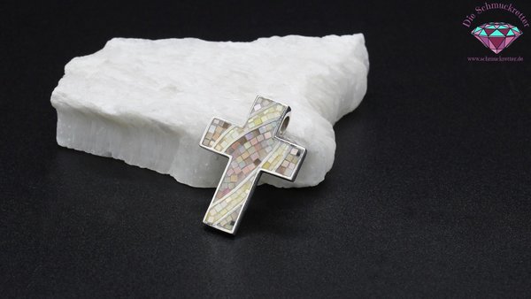 925 Silber Kreuz Anhänger mit Perlmutt Mosaik
