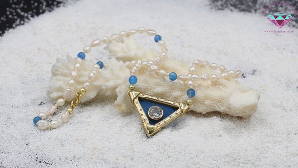 KettenRetten - Perlenkette 'Blaues Wunder', 333 Gold, Topas & Diamanten