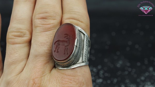 Riesiger 925 Silber Ring mit Intaglio Gemme 'Gazelle' aus Karneol, Gr. 64