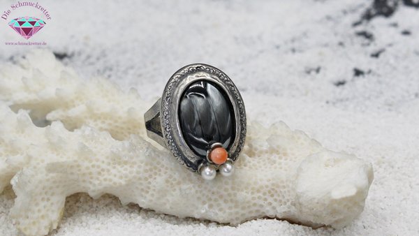 PERLI: 835 Silber Vintage Ring mit Koralle, Hämatit und Perlen