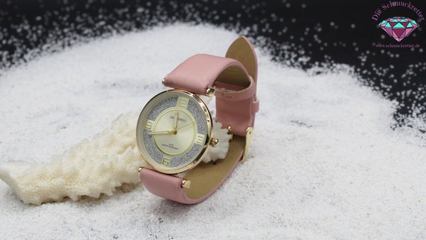 Goldene Armbanduhr mit pinkem Kunstlederband von Laura Torelli