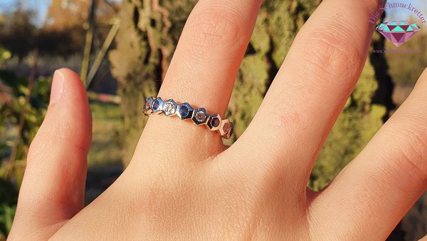 Juwelo: 925 Silber Halbmemory Ring mit blauem Saphir & weißem Topas, Gr. 66